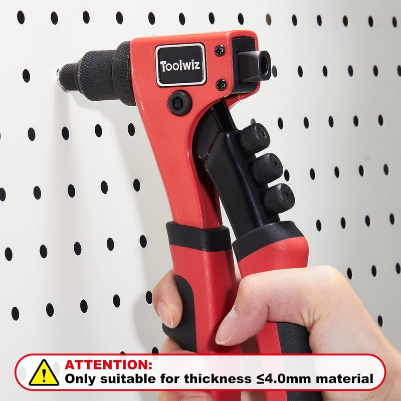 Toolwiz Rivet Gun One-Handed Rivet Gun Kit with 200pcs Rivets, 4pcs Tool-Free Interchangeable Heads and 4pcs Drill Bits - Heavy Duty Hand Riveter for Metal, Wood, Plastic, Leather, Fabric - Image 2